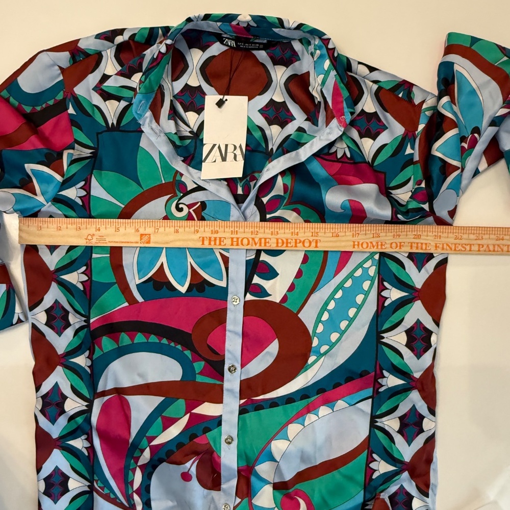 NWT Zara Colorful Printed Oversized button up shirt dress/tunic size S satiny - Picture 9 of 10